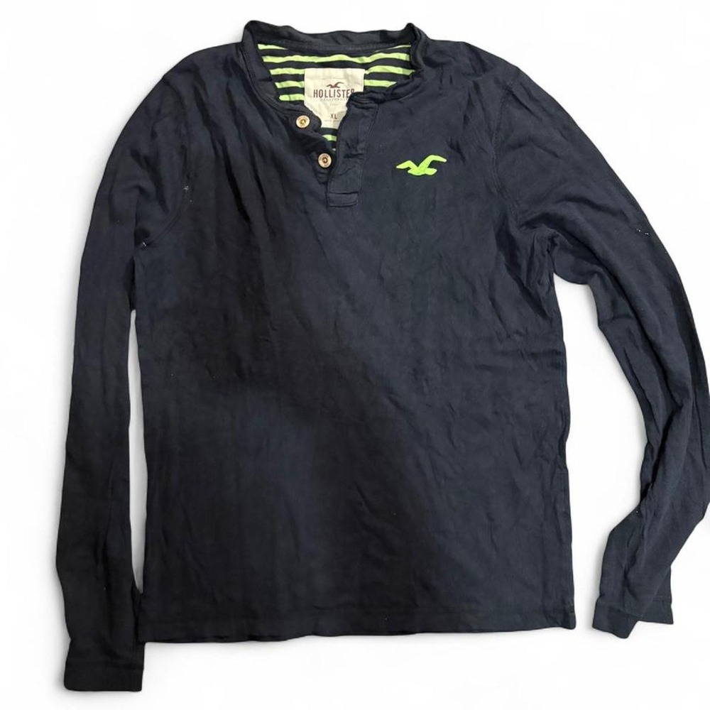 Hollister Men's XL Black Neon Green Long Sleeve Henley Shirt Y2K
